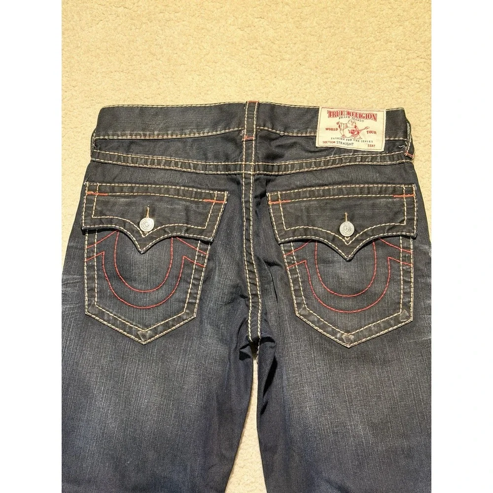 True Religion Straight Jeans Men's 34 Dark Wash Red Stitch Flap Pocket Y2K Denim